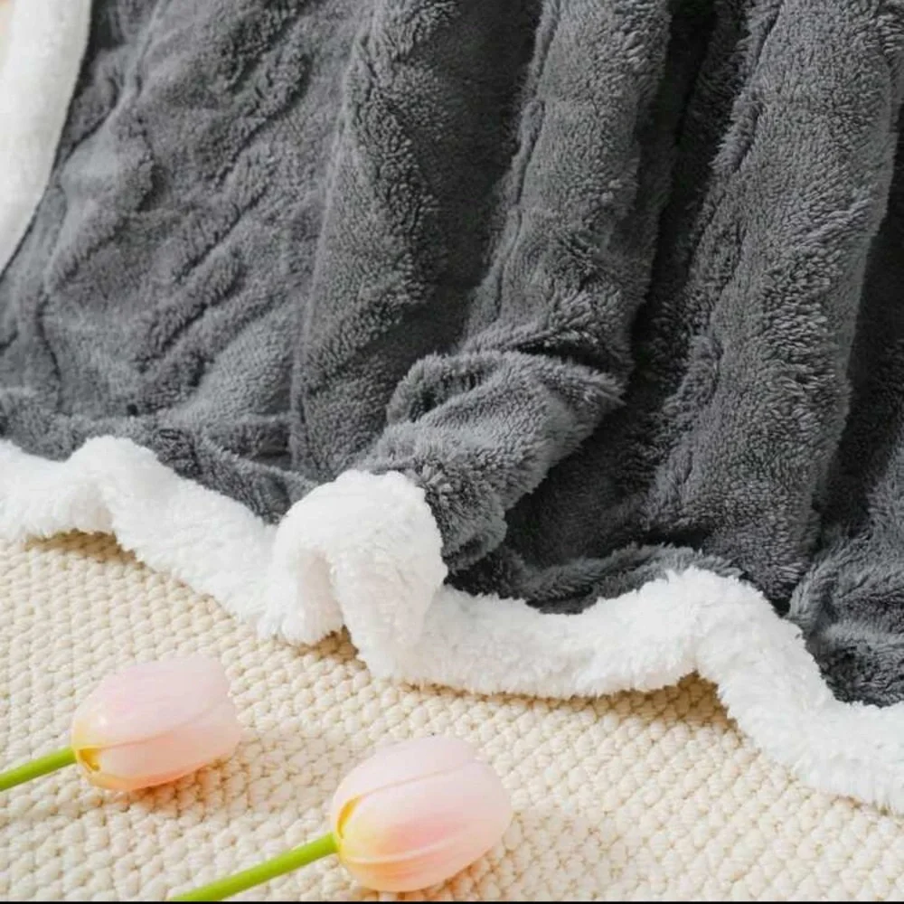 Grey Sherpa Fleece Throw Blanket Cable Knit Pattern 59” x 79” New Fall Winter
